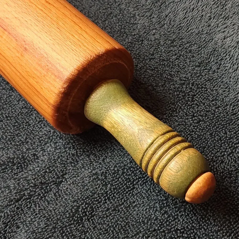 Vintage Hardwood Rolling Pin w/Green Grooved Turning Handles Circa 1950s-1960s